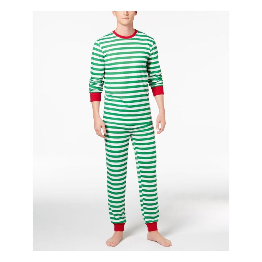 FAMILY PJs Mens Green Drawstring Long Sleeve T-Shirt Top Cuffed Pants Pajamas M